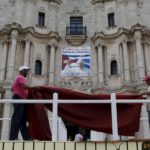 Workers do the final touches to one of the podiums near Havana’s cathedral, that will be used during visit of Pope Francis in Cuba