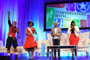 Celebrity Panel at Disney Dreamers Academy L-R: Singer and rapper Silento, Miss Black USA 2015 Madison Gibbs, entrepreneur and motivational speaker Jaylen Bledsoe, and actress Brely Evans participate in a panel discussion March 5, 2016 during Disney&apos;s Dreamers Academy with Steve Harvey and Essence Magazine at Epcot in Lake Buena Vista, Fla. The ninth annual event, taking place March 3-6, 2016, is a career-inspiration program for distinguished high school students from across the U.S. (Todd Anderson, photographer) (PRNewsFoto/Walt Disney Parks and Resorts)