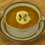 Butternut squash soup with pears and pear cream