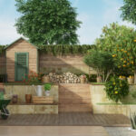 Garden with gardening tools , wooden shed and fruit tree – 3D Rendering