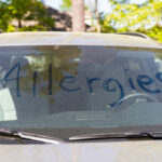 Pollen on vehicle windshield with the word “Allergies” written i