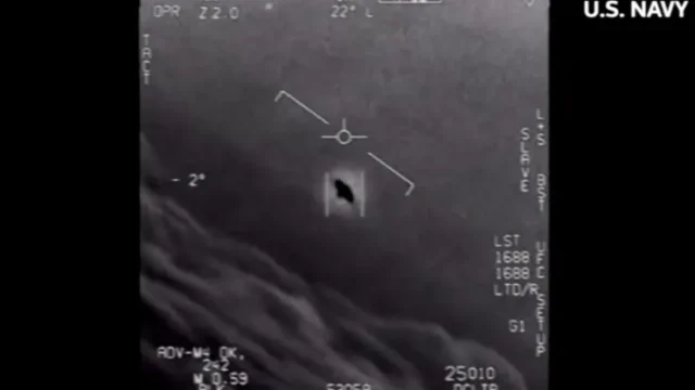A still of one of three videos released by the Pentagon on Monday, April 27, 2020 showing “unidentified aerial phenomena” captured by U.S. Navy pilots during training flights in 2004 and 2015. “The aerial phenomena observed in the videos remain characterized as ‘unidentified,’ the Pentagon said in a statement. U.S. Department of Defense