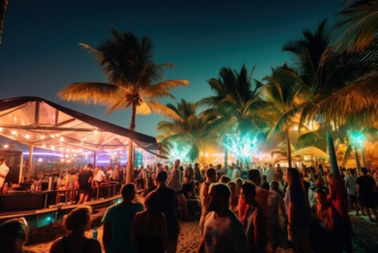 Miami Beach Crowd, Curfew, https://www.vecteezy.com/photo/35455359-ai-generated-beach-bar-with-bright-lights-and-lively-music-surrounded-by-palm-trees-and-people-enjoying-the-party