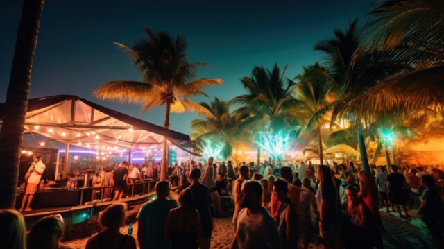Miami Beach Crowd, Curfew, https://www.vecteezy.com/photo/35455359-ai-generated-beach-bar-with-bright-lights-and-lively-music-surrounded-by-palm-trees-and-people-enjoying-the-party